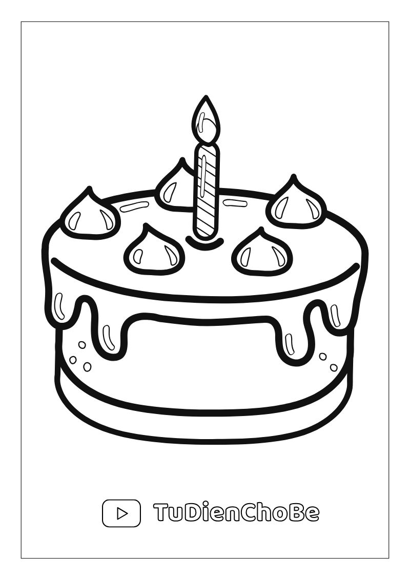 Tranh tô màu Bánh Sinh Nhật cho bé, hình bánh kem dễ thương với nến và trang trí xinh xắn, miễn phí tải về