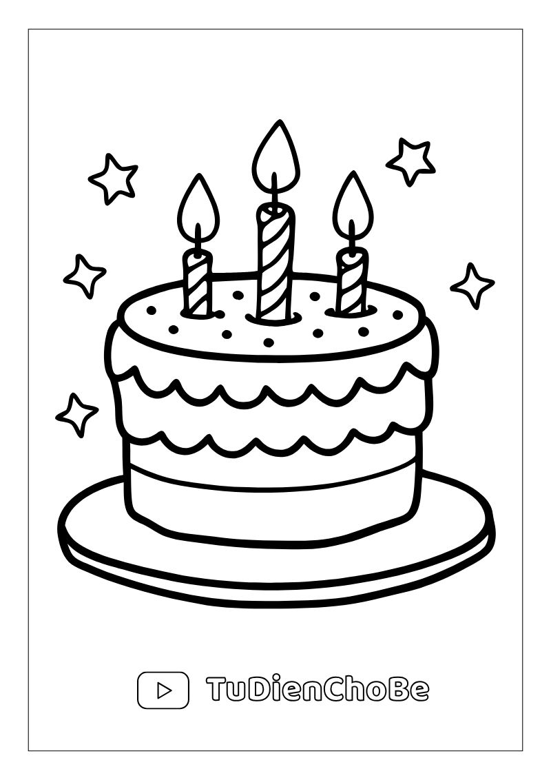 Tranh tô màu Bánh Sinh Nhật cho bé, hình bánh kem dễ thương với nến và trang trí xinh xắn, miễn phí tải về