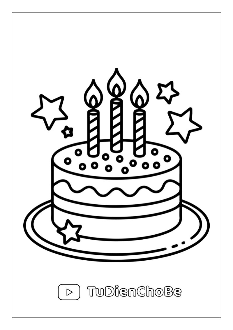 Tranh tô màu Bánh Sinh Nhật cho bé, hình bánh kem dễ thương với nến và trang trí xinh xắn, miễn phí tải về