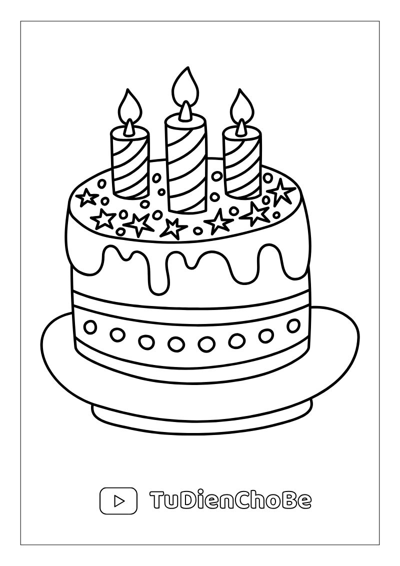 Tranh tô màu Bánh Sinh Nhật cho bé, hình bánh kem dễ thương với nến và trang trí xinh xắn, miễn phí tải về