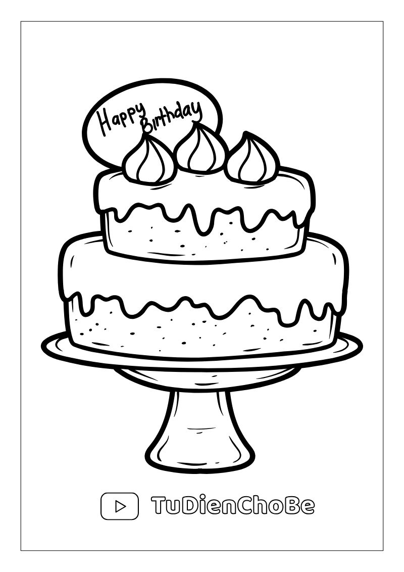 Tranh tô màu Bánh Sinh Nhật cho bé, hình bánh kem dễ thương với nến và trang trí xinh xắn, miễn phí tải về