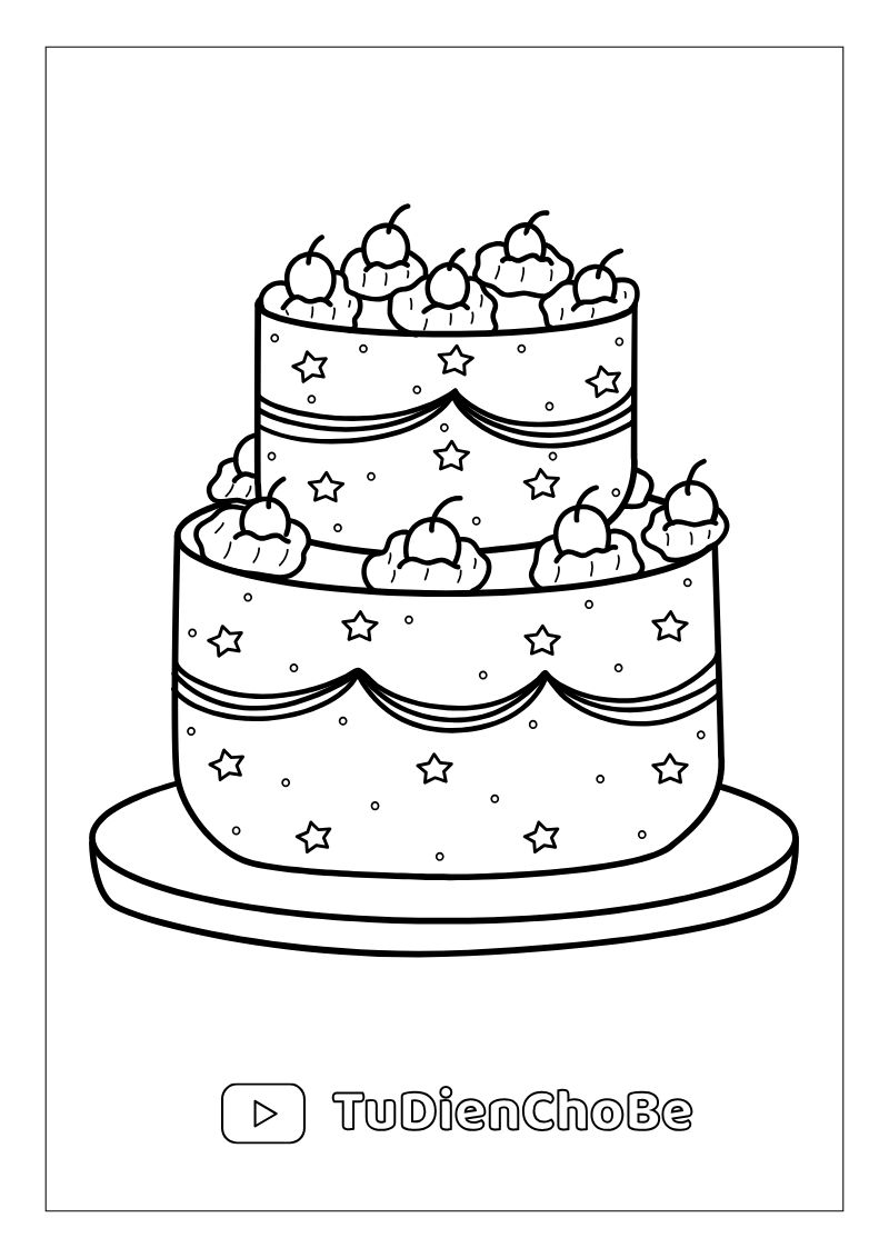 Tranh tô màu Bánh Sinh Nhật cho bé, hình bánh kem dễ thương với nến và trang trí xinh xắn, miễn phí tải về