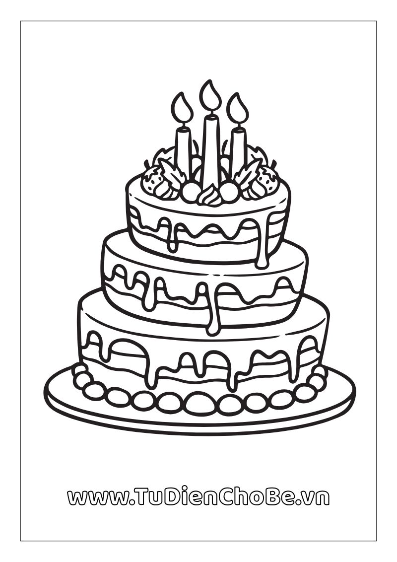 Tranh tô màu Bánh Sinh Nhật cho bé, hình bánh kem dễ thương với nến và trang trí xinh xắn, miễn phí tải về
