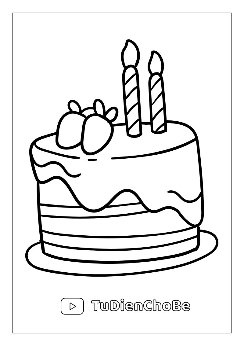 Tranh tô màu Bánh Sinh Nhật cho bé, hình bánh kem dễ thương với nến và trang trí xinh xắn, miễn phí tải về