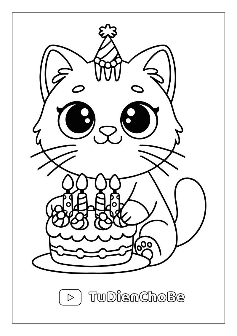 Tranh tô màu Bánh Sinh Nhật cho bé, hình bánh kem dễ thương với nến và trang trí xinh xắn, miễn phí tải về