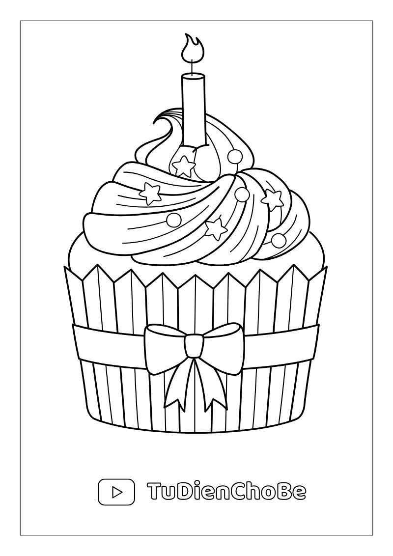 Tranh tô màu Bánh Sinh Nhật cho bé, hình bánh kem dễ thương với nến và trang trí xinh xắn, miễn phí tải về