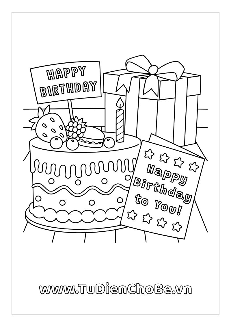 Tranh tô màu Bánh Sinh Nhật cho bé, hình bánh kem dễ thương với nến và trang trí xinh xắn, miễn phí tải về