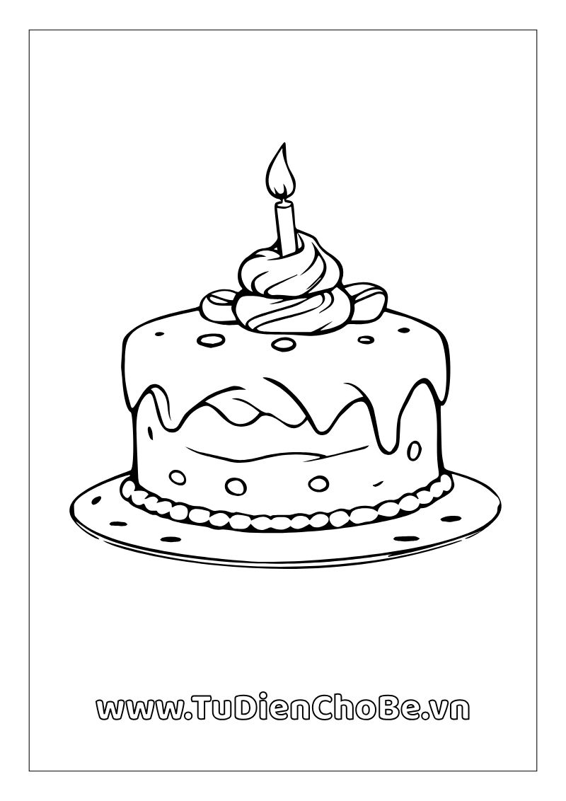 Tranh tô màu Bánh Sinh Nhật cho bé, hình bánh kem dễ thương với nến và trang trí xinh xắn, miễn phí tải về