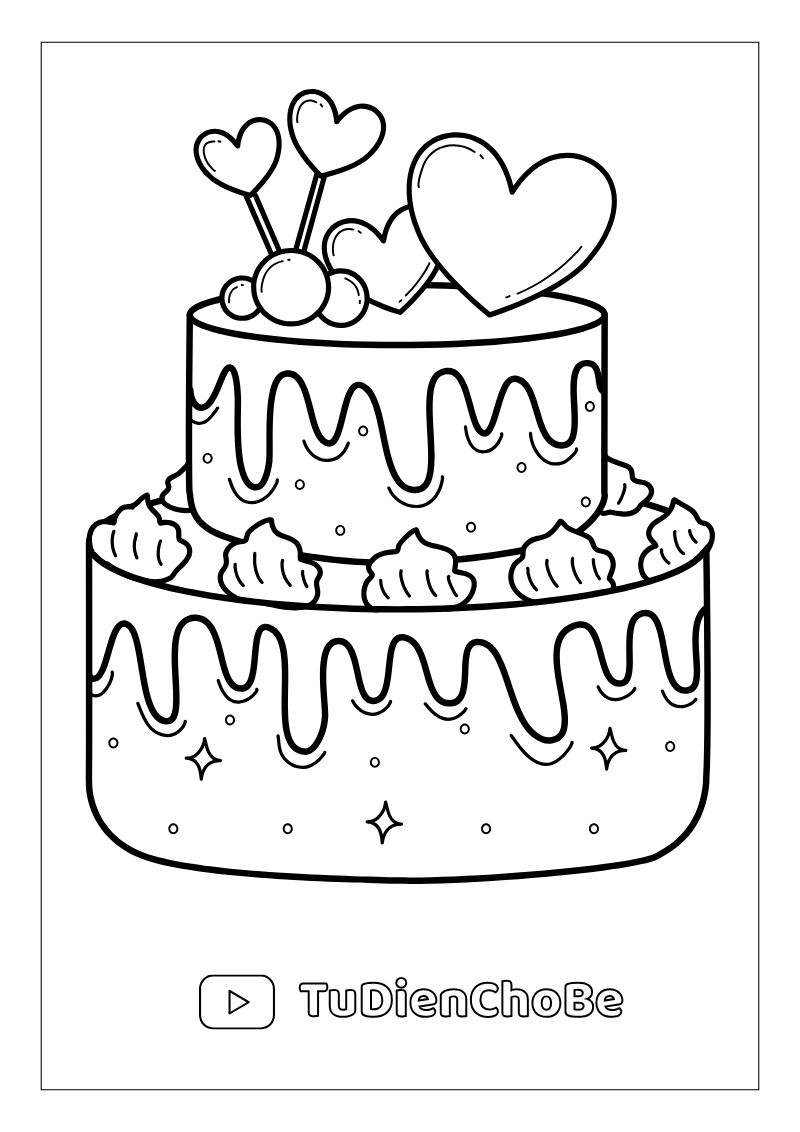 Tranh tô màu Bánh Sinh Nhật cho bé, hình bánh kem dễ thương với nến và trang trí xinh xắn, miễn phí tải về