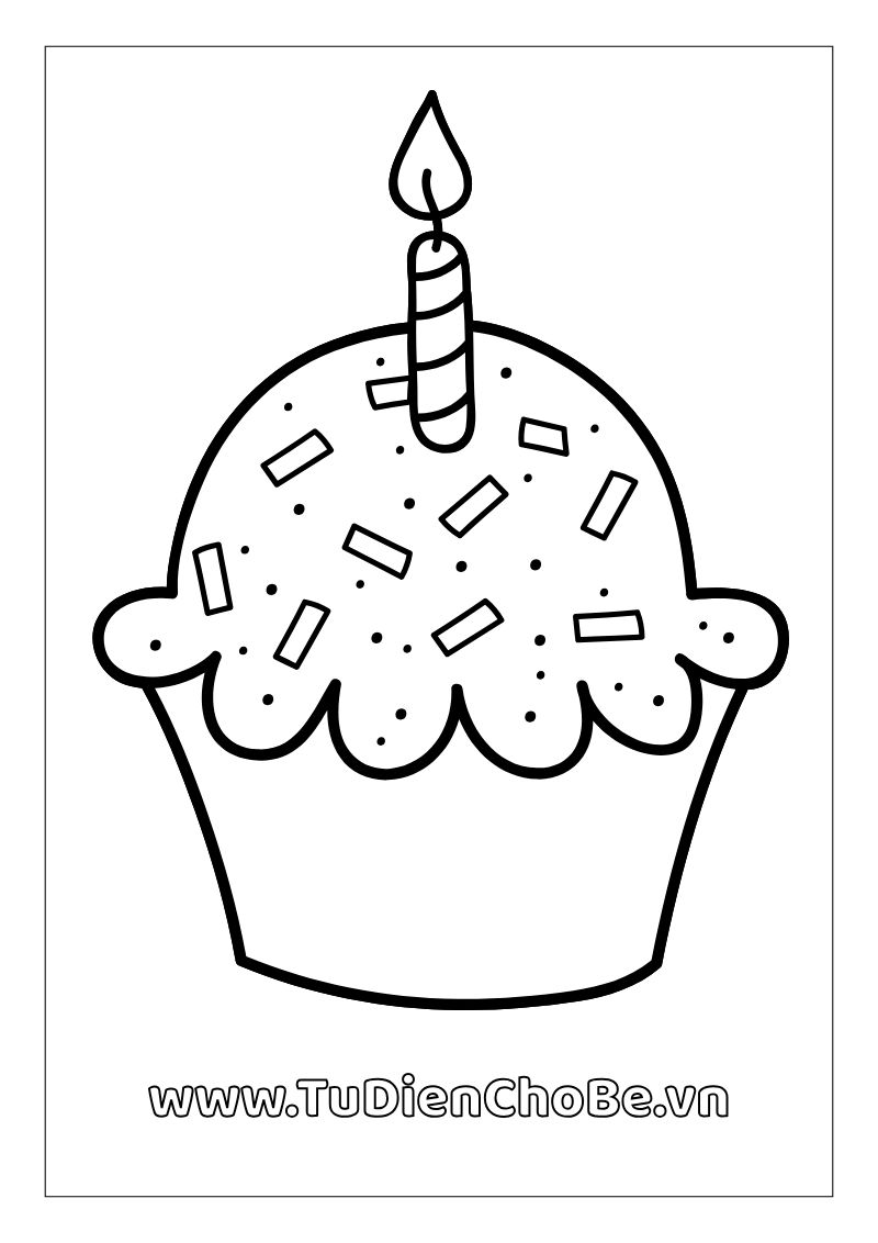 Tranh tô màu Bánh Sinh Nhật cho bé, hình bánh kem dễ thương với nến và trang trí xinh xắn, miễn phí tải về