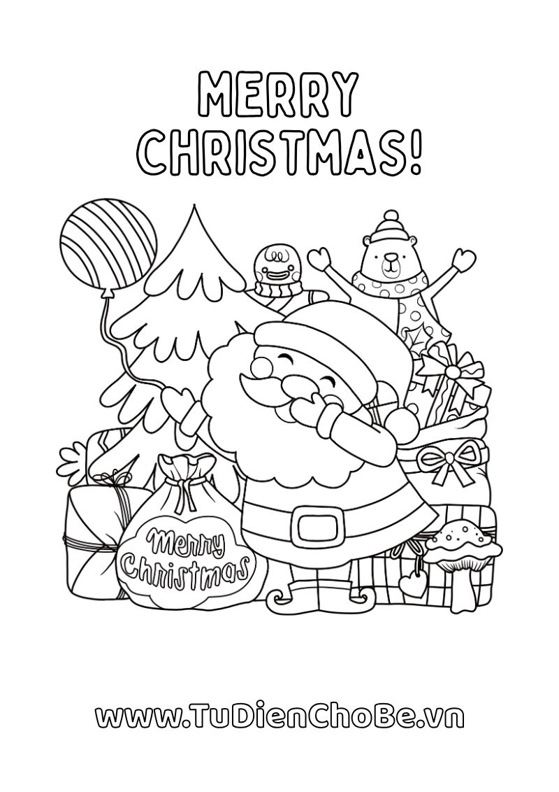 Tranh tô màu Giáng Sinh cho bé với ông già Noel, cây thông, tuần lộc và quà Noel dễ thương