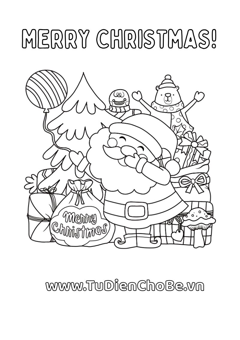 Tranh tô màu Giáng Sinh cho bé với ông già Noel, cây thông, tuần lộc và quà Noel dễ thương