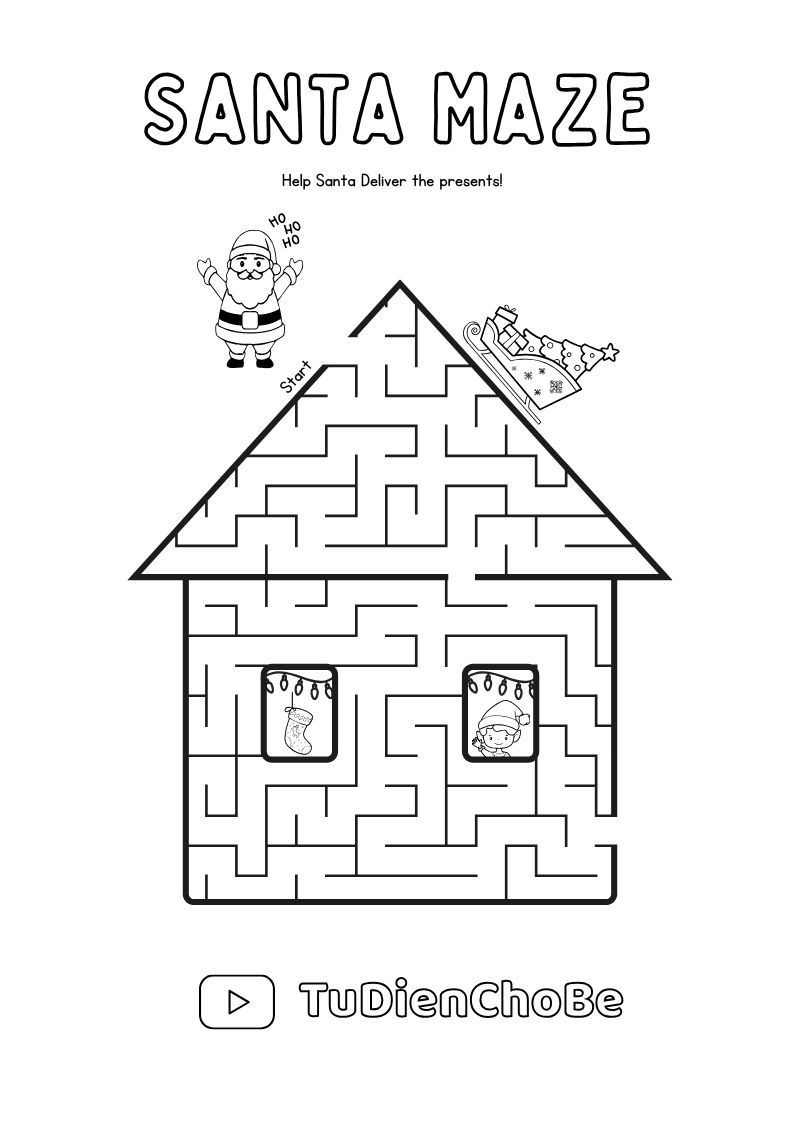 Tranh tô màu Giáng Sinh cho bé với ông già Noel, cây thông, tuần lộc và quà Noel dễ thương