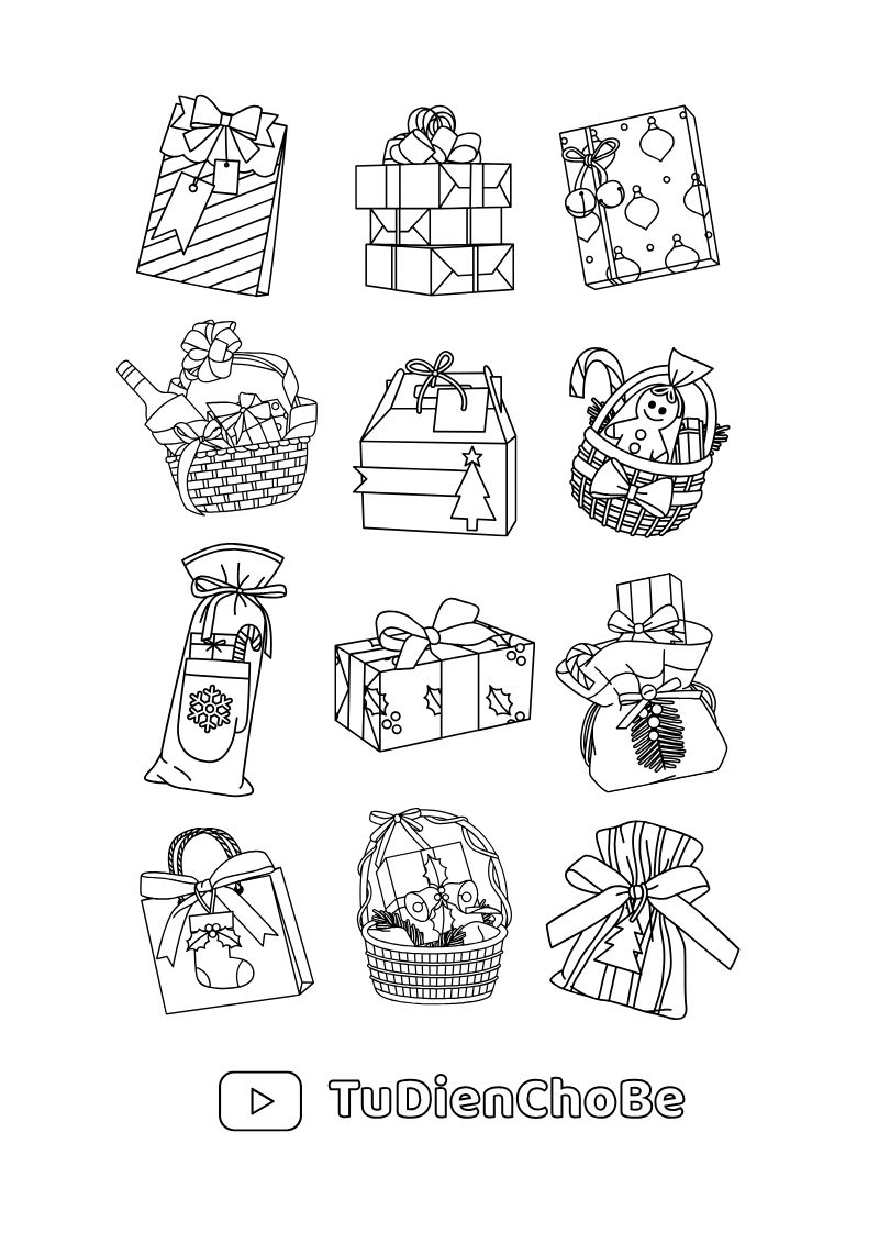 Tranh tô màu Giáng Sinh cho bé với ông già Noel, cây thông, tuần lộc và quà Noel dễ thương