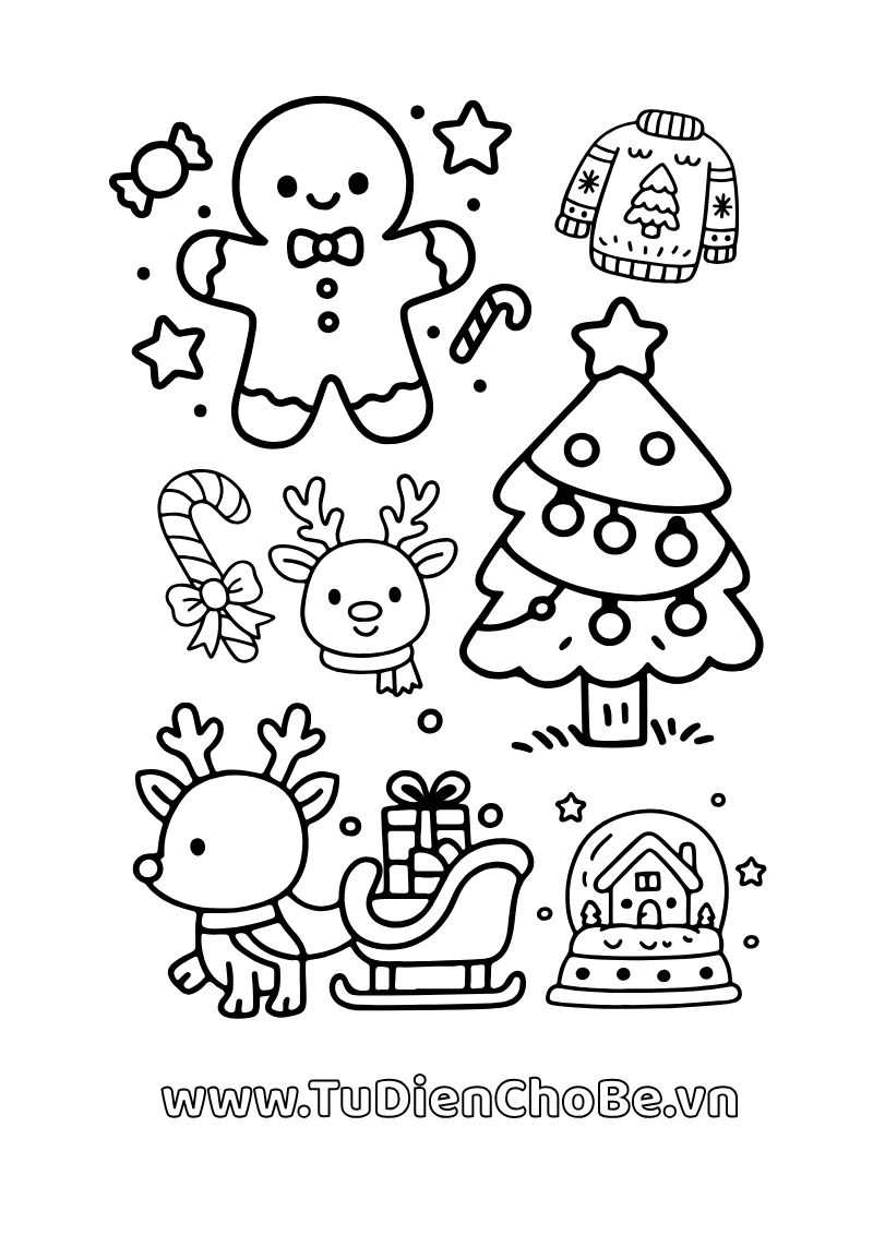 Tranh tô màu Giáng Sinh cho bé với ông già Noel, cây thông, tuần lộc và quà Noel dễ thương