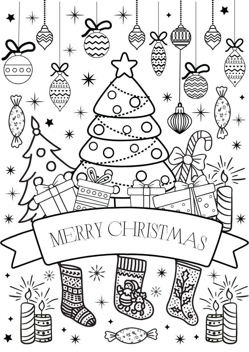 Tranh tô màu Giáng Sinh cho bé với ông già Noel, cây thông, tuần lộc và quà Noel dễ thương