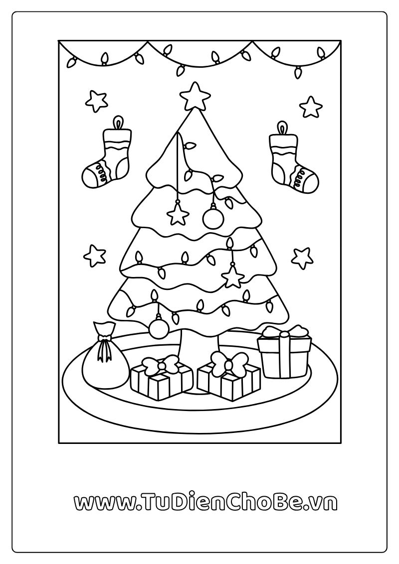 Tranh tô màu Giáng Sinh cho bé với ông già Noel, cây thông, tuần lộc và quà Noel dễ thương
