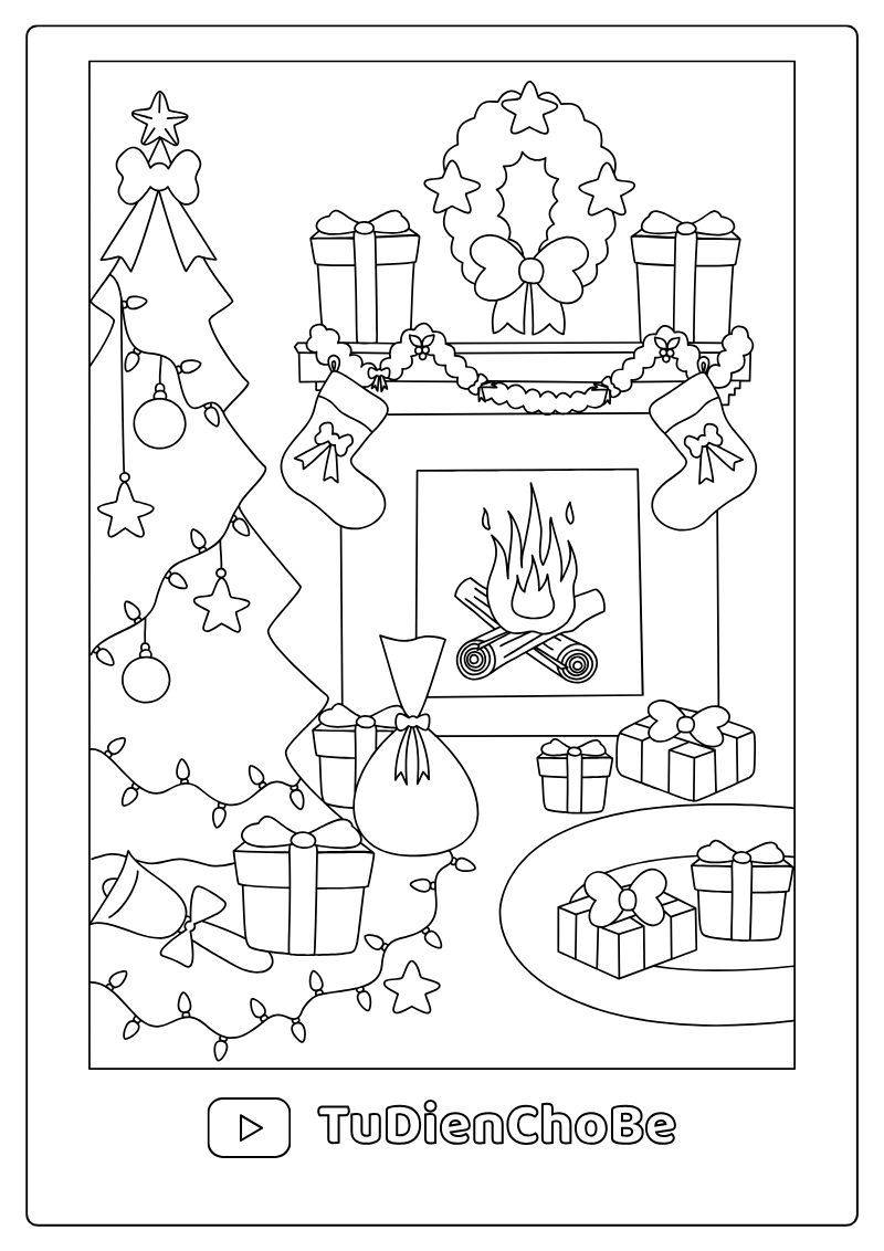 Tranh tô màu Giáng Sinh cho bé với ông già Noel, cây thông, tuần lộc và quà Noel dễ thương