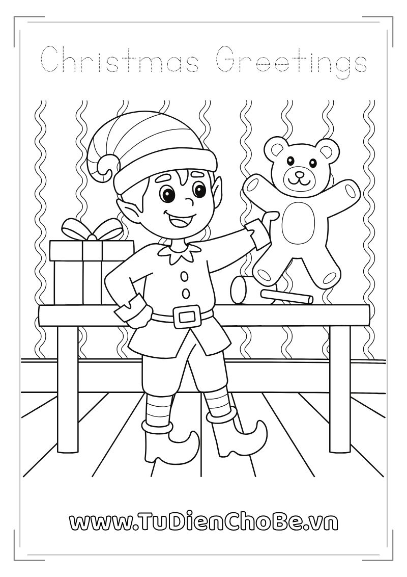 Tranh tô màu Giáng Sinh cho bé với ông già Noel, cây thông, tuần lộc và quà Noel dễ thương